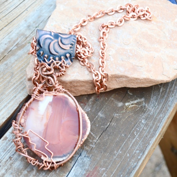 Conceptual Subculture Jewelry - Gigantic Carnelian Pendant Solid Copper Necklace